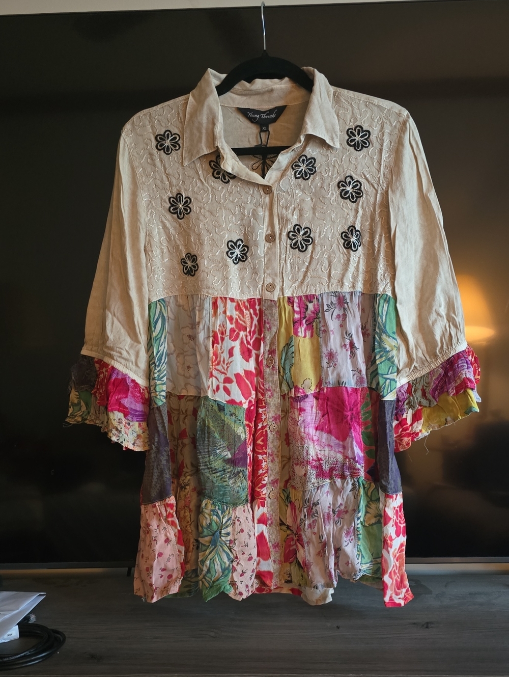 Vince Camuto Floral Patchwork Button-Front Blouse in Cream & Multicolor